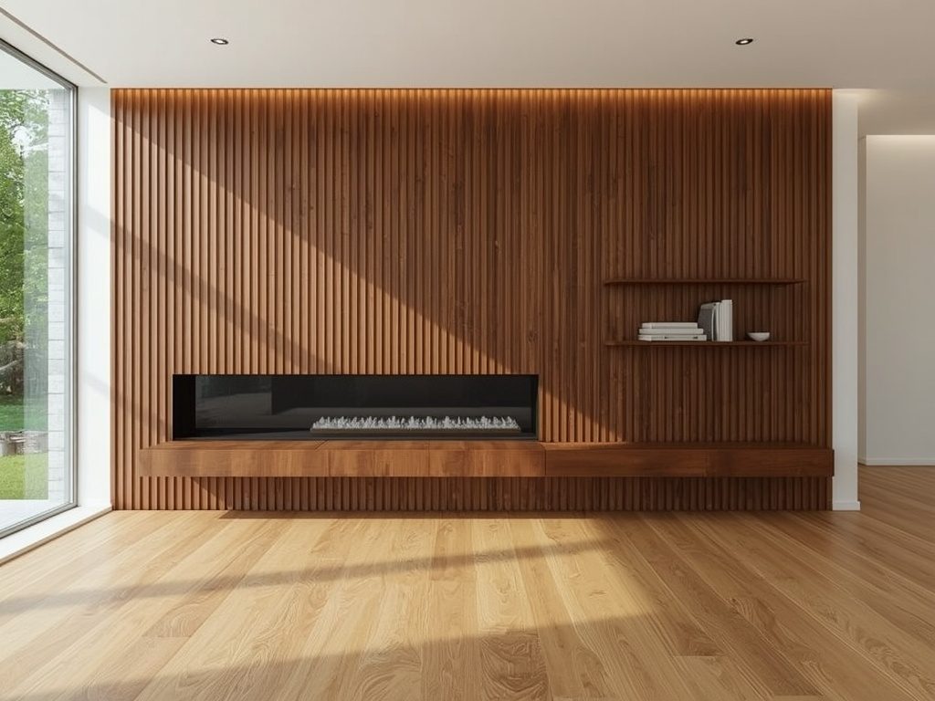 Floor to ceiling fluted walnut slat feature wall with floating shelves in a Camarillo, CA living room