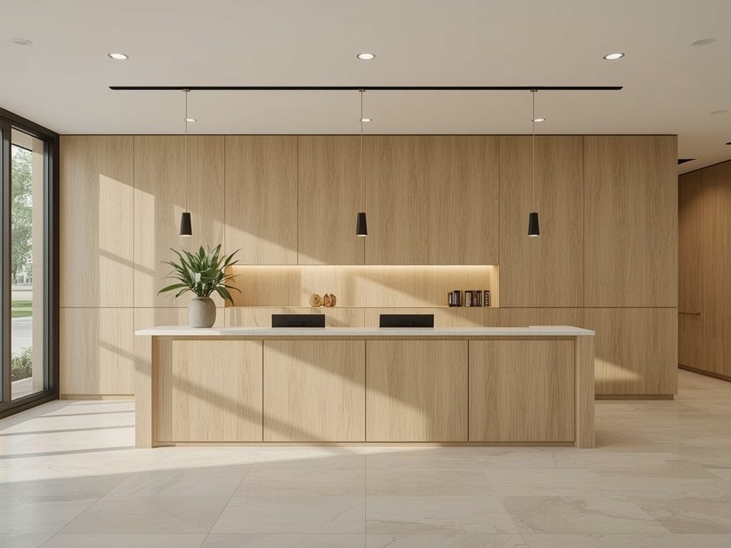 White oak reception desk and matching wall casework in a Ventura County office lobby