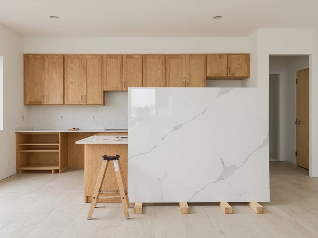 Quartz slab staged on blocking beside installed base cabinets ready for countertop installation in Camarillo, CA