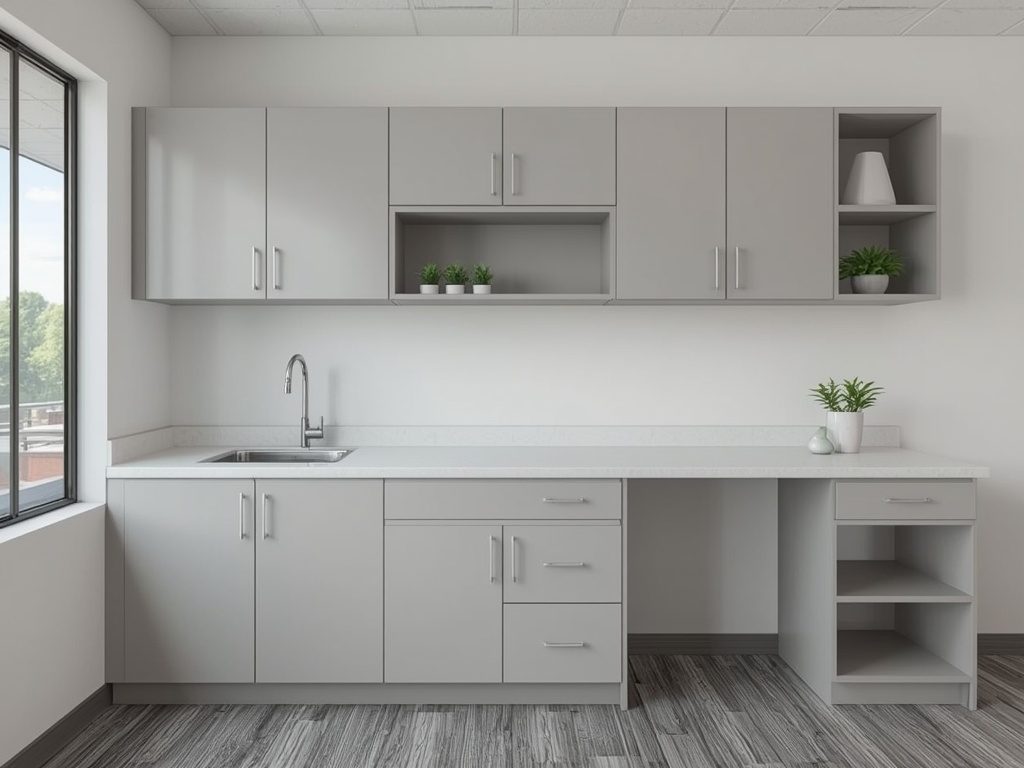 Commercial breakroom casework with laminate cabinets, a solid surface counter and a stainless sink