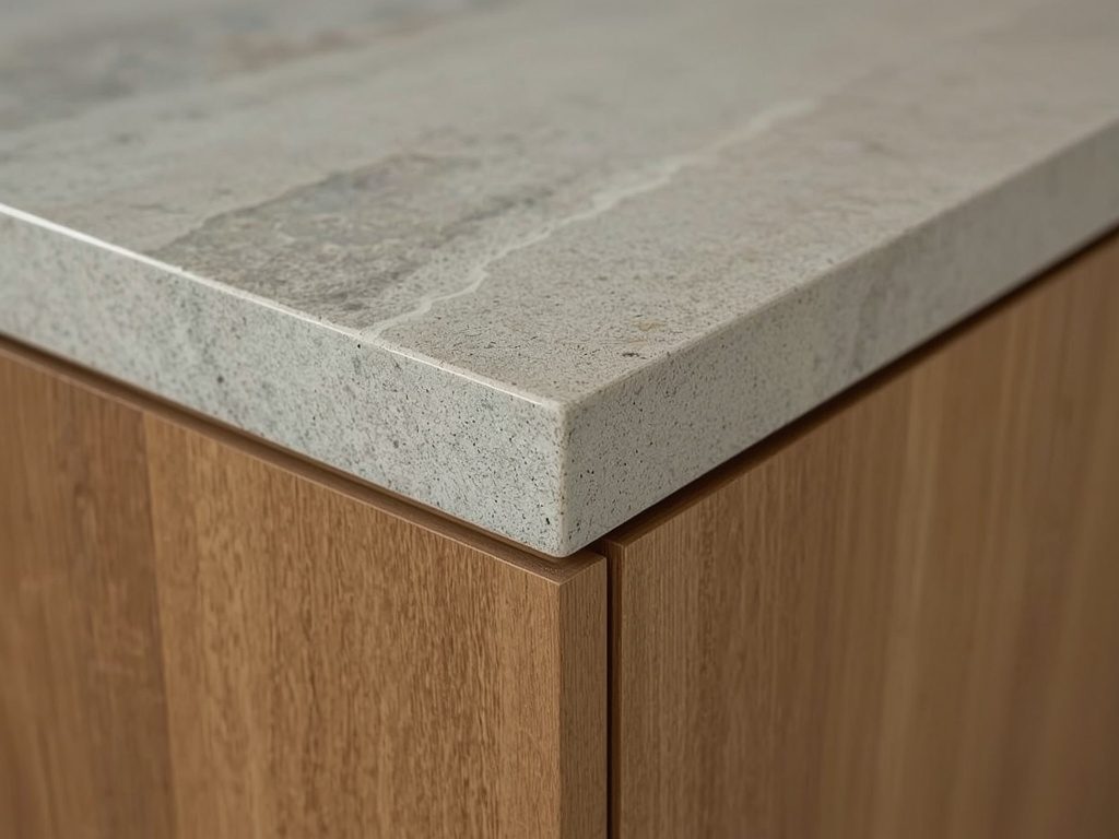 Mitered stone countertop edge meeting a wood cabinet face, showing the slab thickness and polished profile