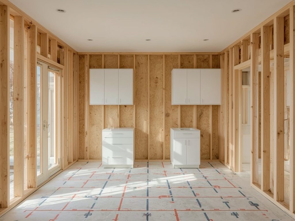 New cabinet boxes set and leveled against bare wall framing during a kitchen remodel