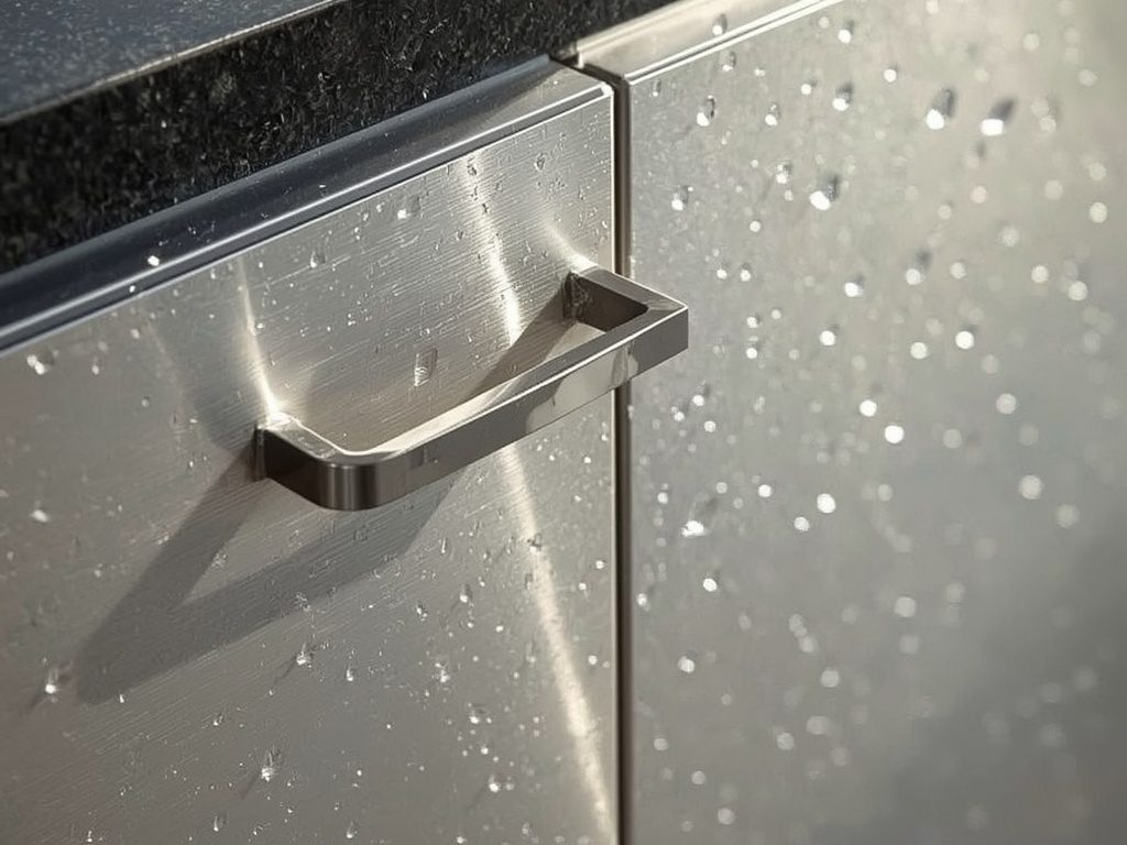 Marine grade stainless outdoor cabinet drawer front beside a weather rated polymer door panel