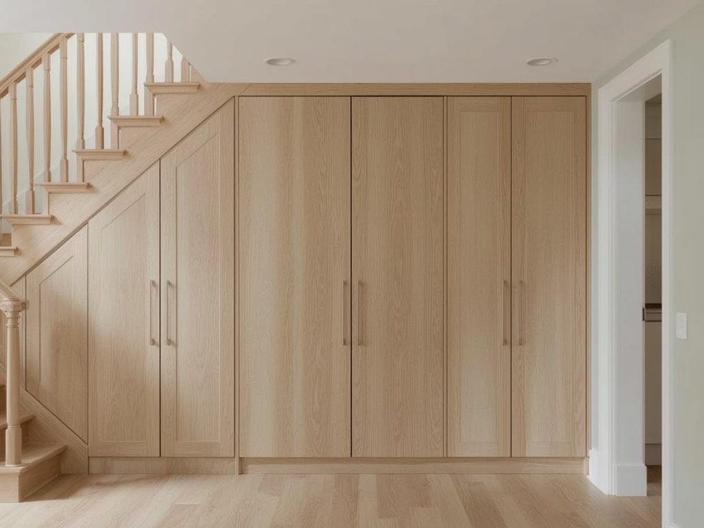 Built-in wardrobe fitted under a staircase with doors cut to the stair rake