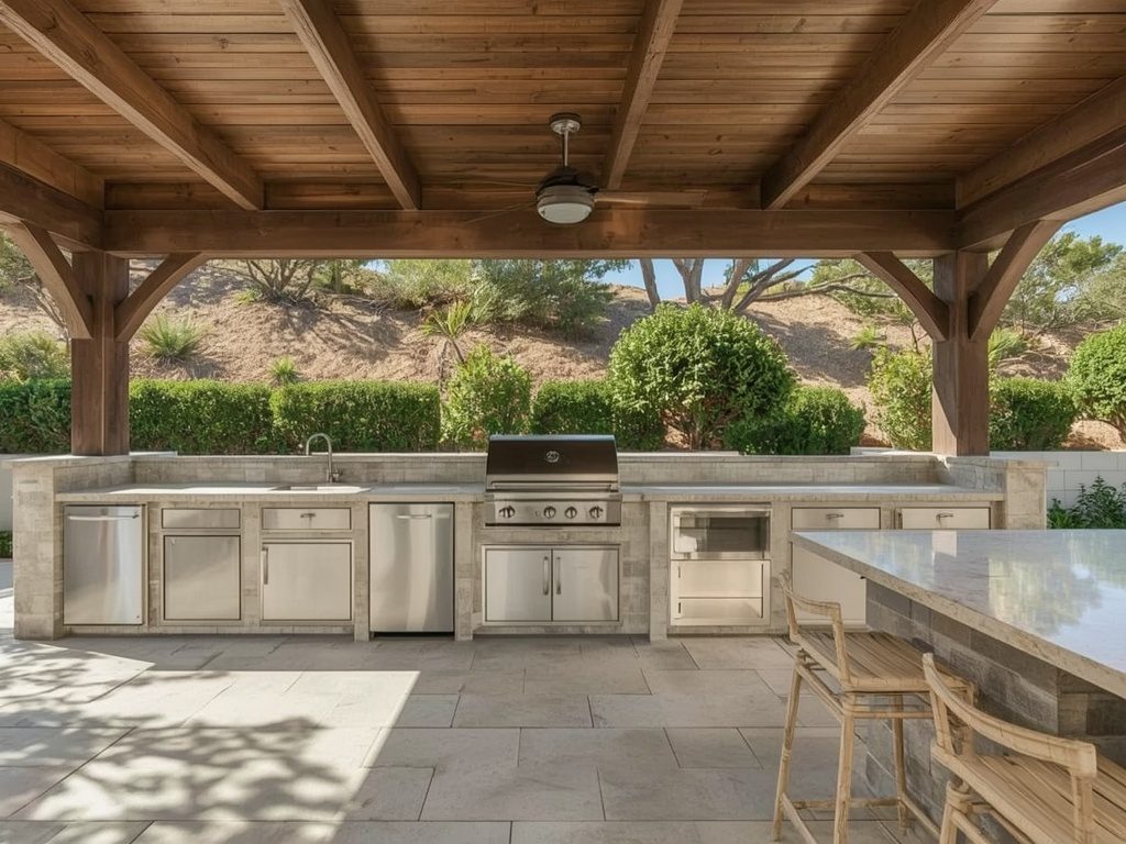 Covered outdoor kitchen with marine grade stainless cabinetry and a stone bar in Camarillo, CA